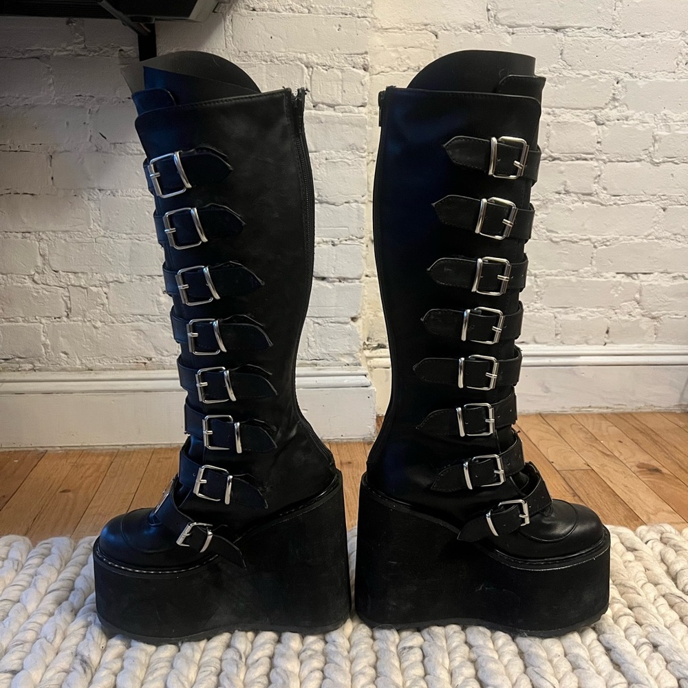 Demonia Trinity Black Platform Boots with Silver Buckles - Picture 3 of 6